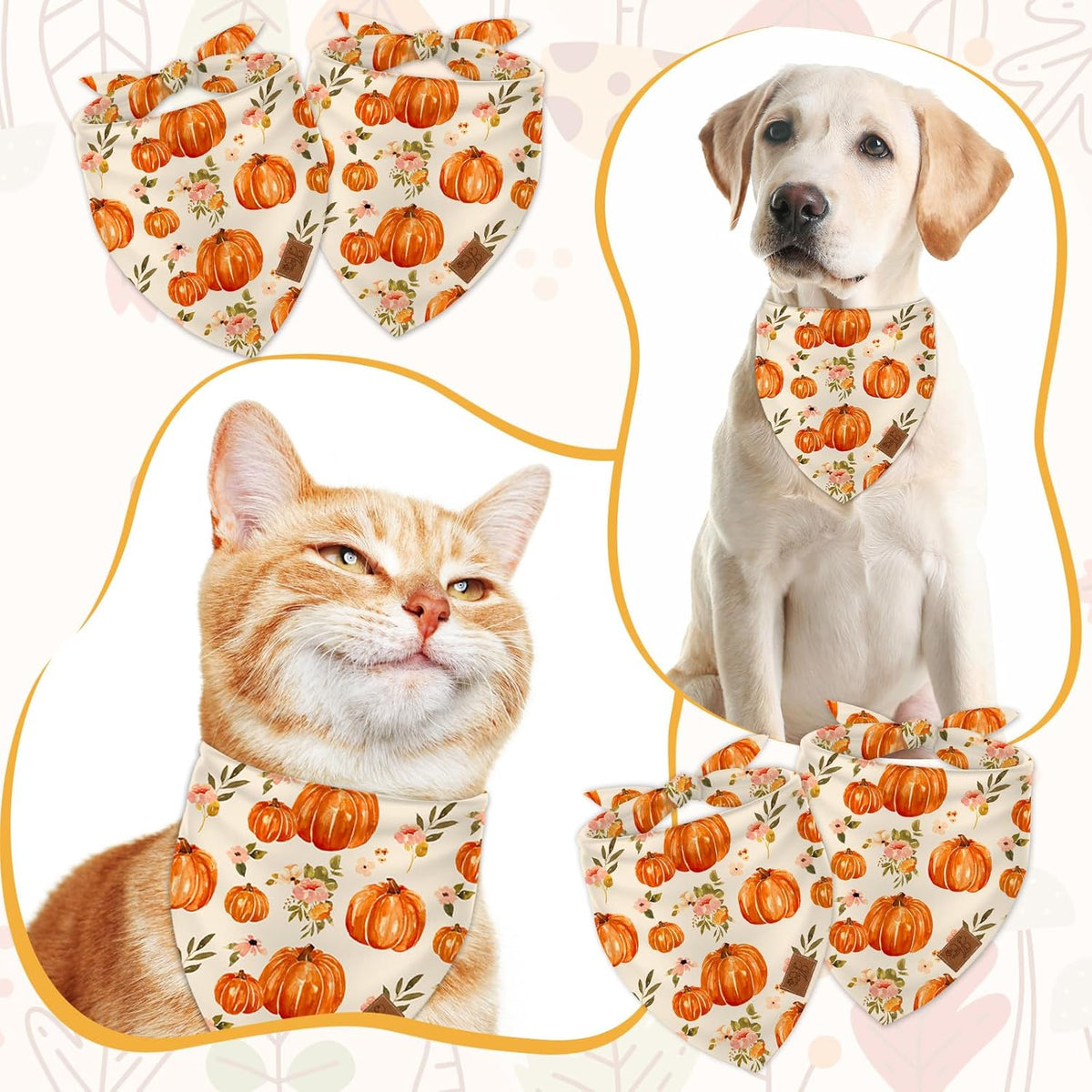 Fall Dog Bandana Pumpkin Floral Pet Scarf Double-Sided Adjustable Triangle Pet Neckerchief Dog Bib for Autumn Harvest Thanksgiving Dog Cat Birthday Costume Accessories