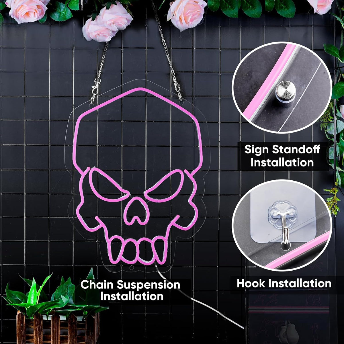 Skull Neon Sign Pink,Halloween Neon Light for Wall Decor, Skeleton LED Neon Sign for Beer Bar Bedroom Art,Skull Head Neon Lights Suitable for Computer Room,5V USB Power 15.75 * 11.8in(Non-Dimmable)