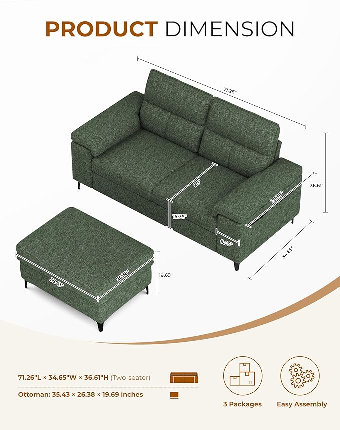 71.25" L Shaped Sectional Couches for Living Room, Deep Seat Sofa with Big Storage Ottoman & 8”Cushion, Comfy 2-Seater Chenille Loveseat, Convertible Armrest, Removable Cover for Small Space(Green)