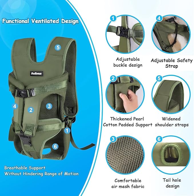 PetBonus Pet Front Dog Carrier Backpacks, Adjustable Pet Backpack, Legs Out Easy-fit Puppy Chest Carrier for Medium Small Dogs, Hands Free for Hiking, Cycling (Army Green, L) | Hands Free, Adjustable, Safety Strap, Walking Hiking Cycling Motorcycle bag...