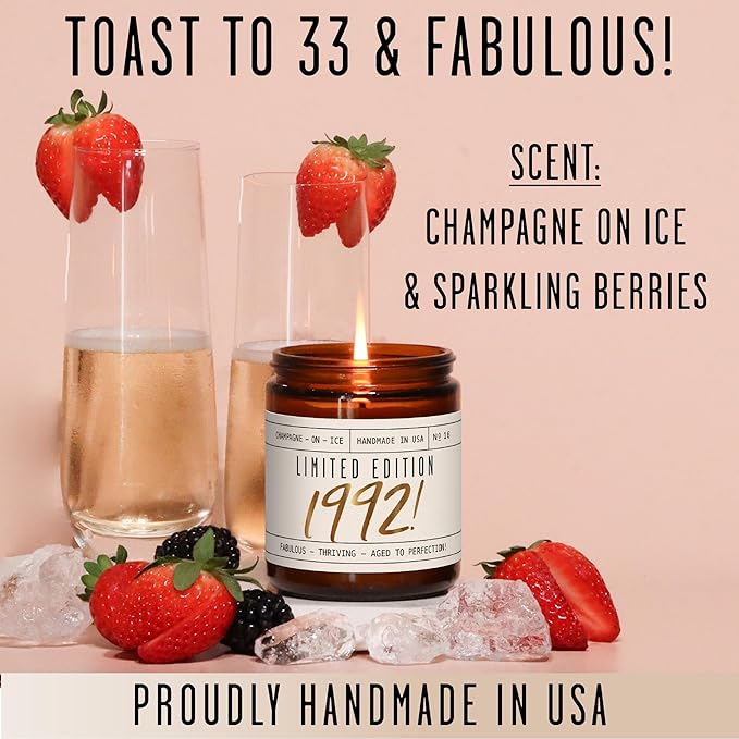 33rd Birthday Gifts for Women - 'Limited Edition 1992' Soy Candle, w/Champagne on Ice I 33 Birthday Gifts for Women I 33rd Gift for Her Ideas I 9oz Reusable Jar, 50Hr Burn, Made in USA