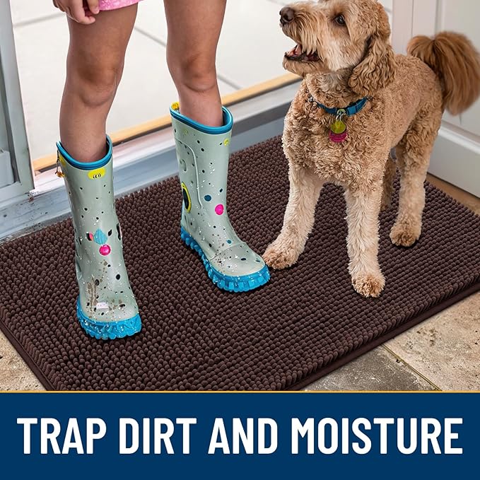 Smiry Dog Door Mat for Muddy Paws 59x35, Absorbs Moisture and Dirt Doormat, Non-Slip Washable Quick Dry Chenille Front Door Mat Indoor Entrance, Entryway Carpet for Inside Floor, Brown