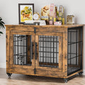Lulive Dog Crate Furniture, Dog Kennel Indoor Double Doors Wooden Dog Cage, 32'' Heavy Duty Dog Crate with Cushion & Wheels, Decorative End Table Pet House Chew-Resistant for Medium/Small, Brown