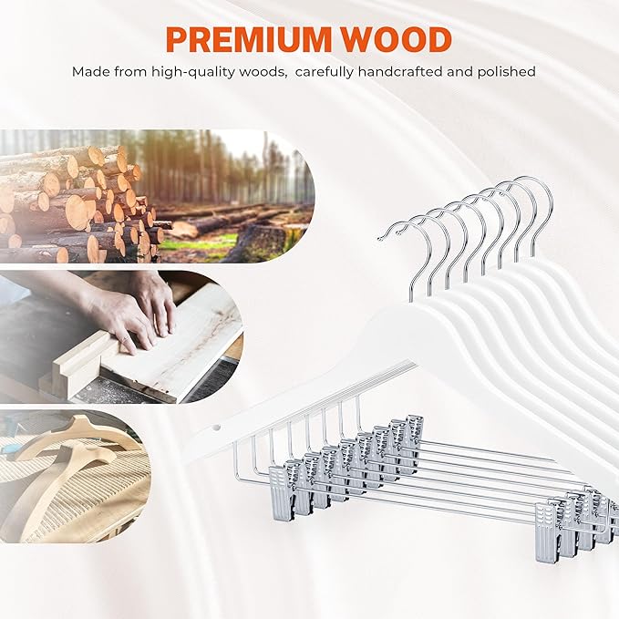 HOUSE DAY Wooden Hangers with Clips 24 Pack, Heavy Duty White Wood Pants Hanger, Premium Skirt Hanger with Adjustable Clips, Solid Clip Hangers for Suit, Blouse, Dress, Coat, Jacket, Bottom