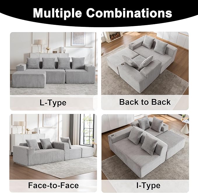 106" Modular Sectional Sofa, Modern Cloud L-Shape Couch with Ottoman Chaise, Comfy Deep Seat Chenille Boneless Couches for Living Room, No Assembly Required, Light Grey