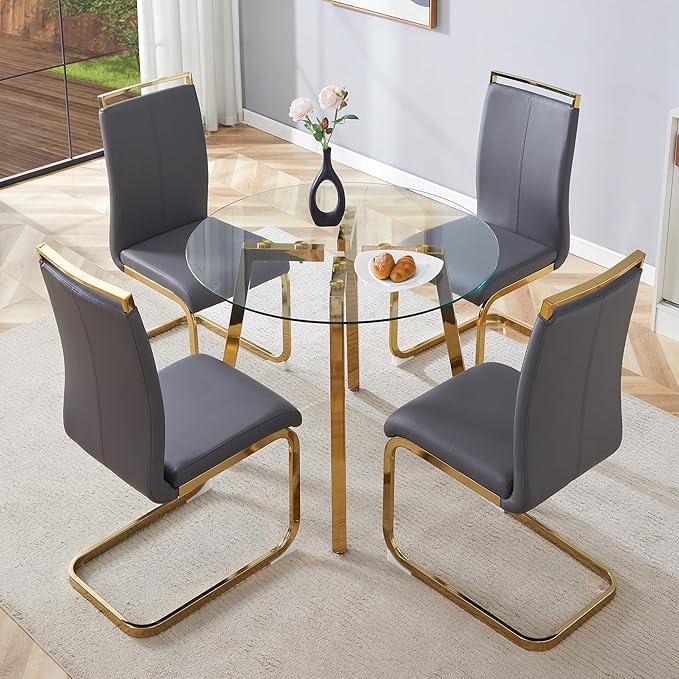Round Dining Table Set for 4,36" Glass Dining Table Set for 4 with Stainless Steel Leg,Small Kitchen Table with 4 Cushion Chairs,5 Piece Dining Room Table Set Space Saving