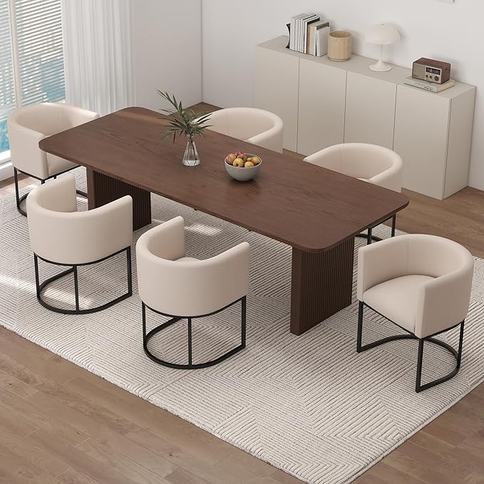 Linen Fabric Dining Chairs Set of 6 Modern Barrel Arm Chairs with Black Frame Upholstered Kitchen Chairs 18.5" Wide Accent Chairs for Living Room Dining Room Restaurant, Cream