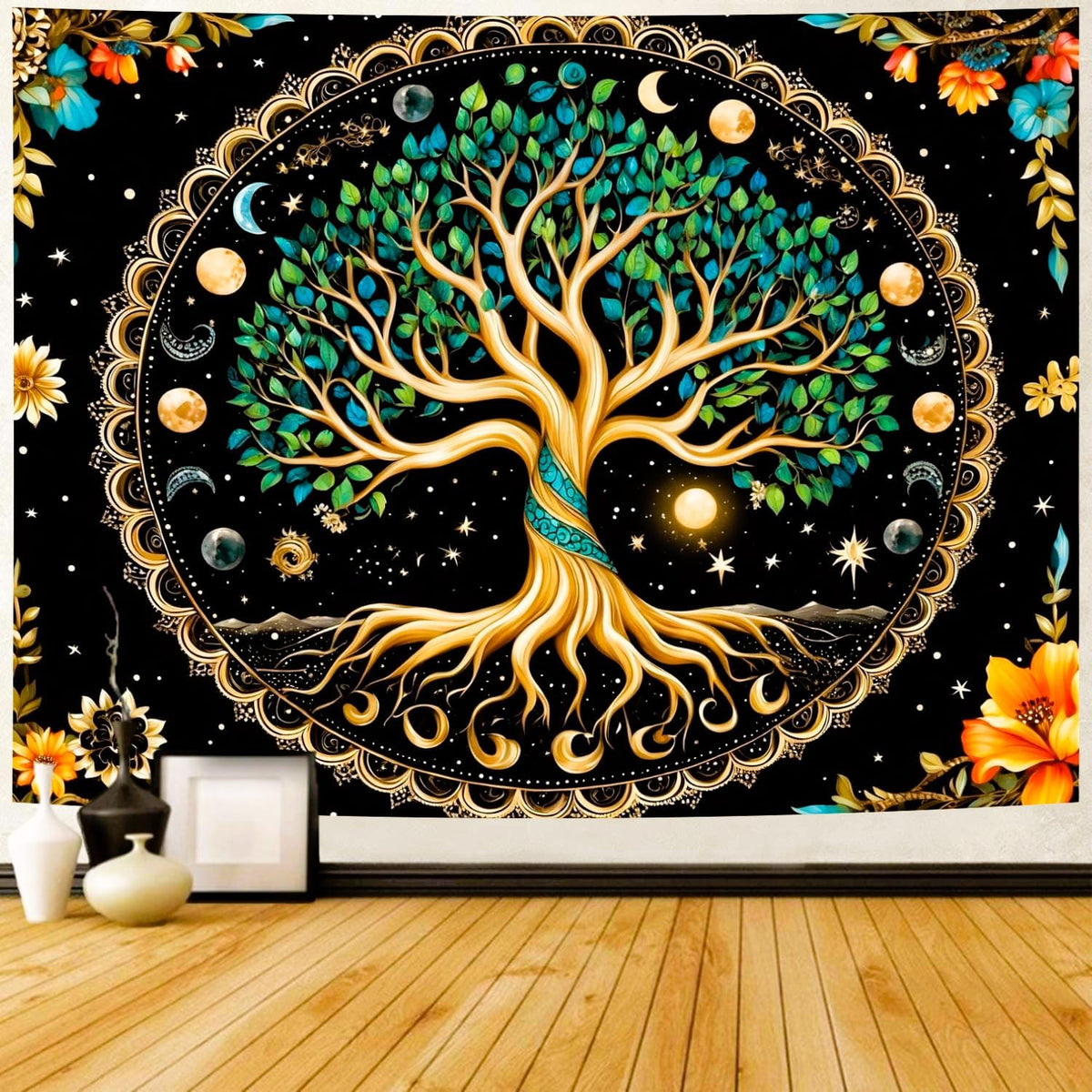 Delur Tree of Life Tapestry Moon Phase Nature Flower Plant Tapestry Wall Hanging Boho Mandala Spiritual Sun Aesthetic Psychedelic Headboard for Bedroom Living Room Home Decor (70.8" x 92.5")