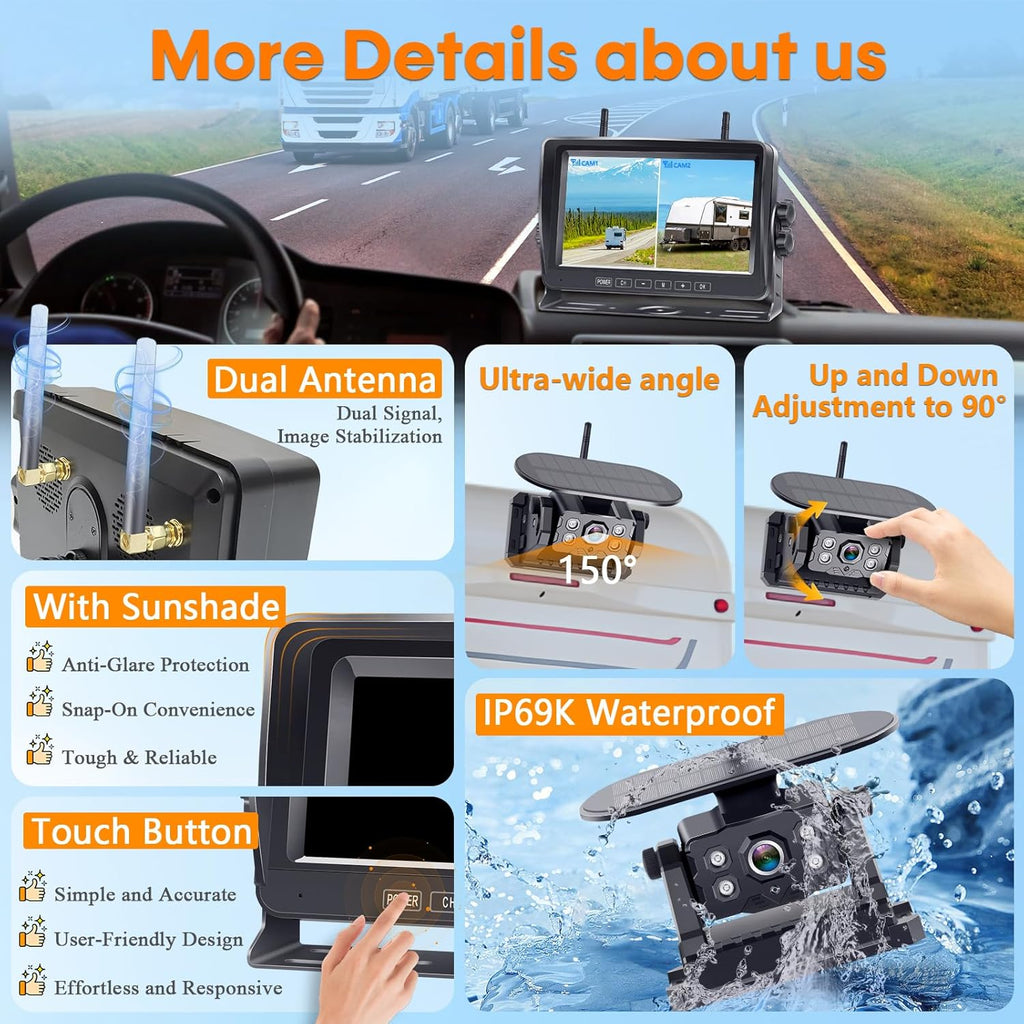 Dual RV Backup Camera Wireless with Magnetic - Recording 1080P HD Solar Rear View Camera Install-Free 7 Inch Touch Button Monitor No-Delay Signal for Truck Trailer YWD-902
