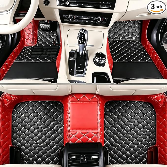 Custom Car Mats – Add Your Own Text or Image, Premium Leather Material, Personalized Gift-Ready Full Set for Sedan SUV Truck(Red+Black)