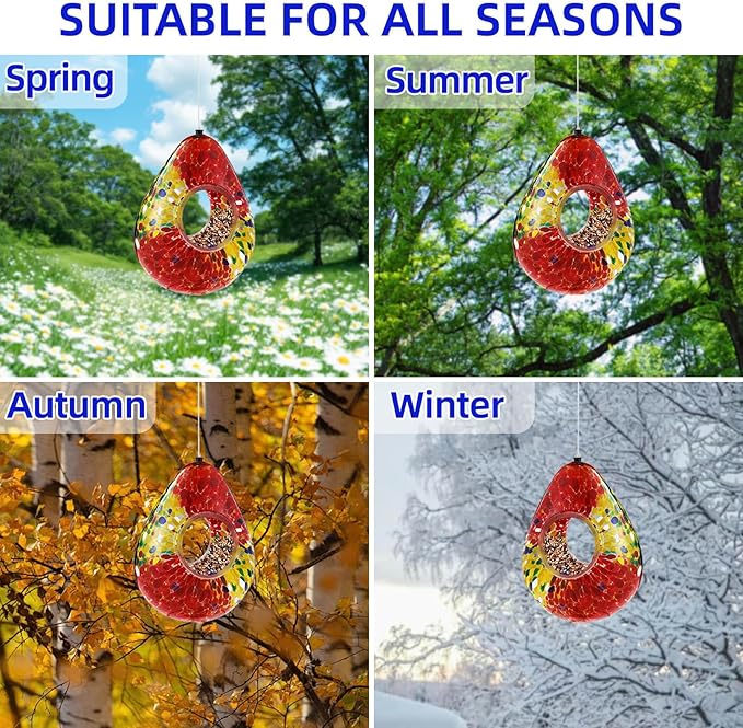 VOREEN Glass Bird Feeder, Handcrafted Hanging Fly-Through Feeder for Outdoor Garden & Backyard, Decorative Wild Bird Feeder with Steel Wire Cable，Red.