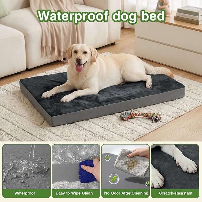 XXXL Dog Bed Waterproof, Washable Large Crate Pad 54" with Removable Cover | Jumbo Durable Pet Bed Foam, Reversible Wipeable Faux Leather & Soft Flannel, Outdoor Anti-Slip Kennel Pad 53"x36" Dark Gray