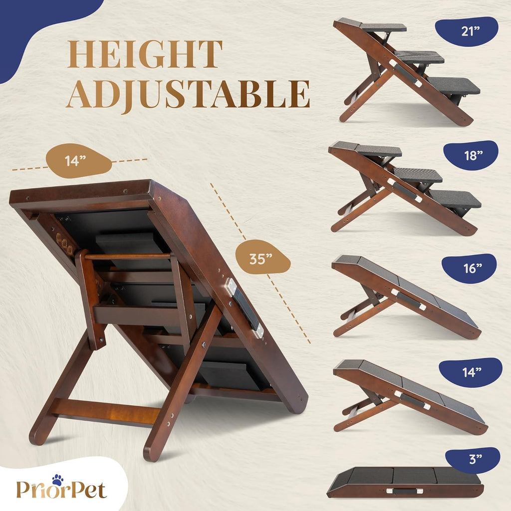 Dog Steps for Bed & Couch 2-in-1 Dog Stairs/Ramp - Height Adjustable Dog Ramp for Couch 7” - 20” - Pet Stairs, Dog Stairs for Small Dogs - Easy to Move Pet Steps with Landing Platform, Walnut