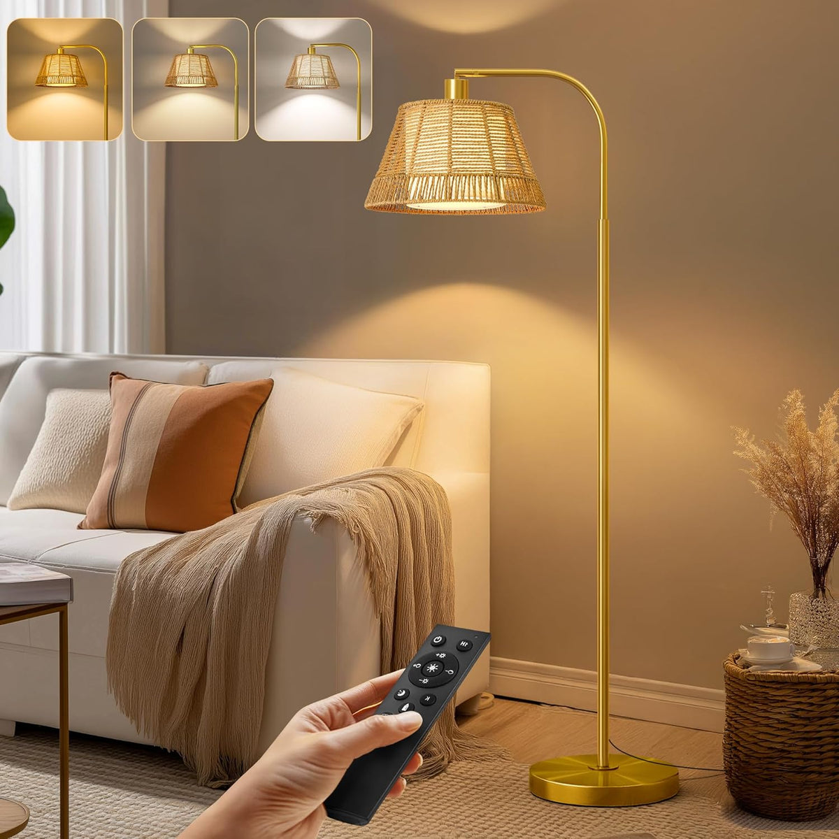 Oneach Arc Floor Lamp for Living Room with 3 Color Temperatures, Farmhouse Floor Lamps with Remote & Dimmable Bulb, Rattan Boho Floor Lamp with Hand-Woven Wicker & Fabric Shade