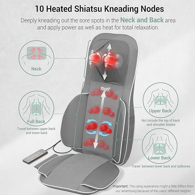 Mynt FSA Eligible HSA Approved Shiatsu Neck and Back Massager for Chair with 10 Deep Kneading Nodes, 2D & 3D Adjustable Back Massage with Heat, Portable Massage Chair Pad (Gray)