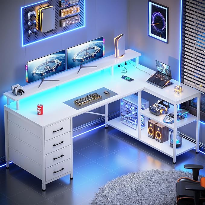 SEDETA L Shaped Desk with 4 Drawers and Storage Shelves, L Shaped Gaming Desk with LED Lights & Power Outlets, Computer Desk with Shelves & Drawer, Corner Desk Home Office Desk, White