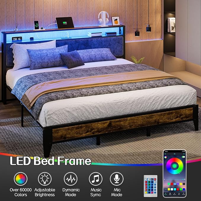 OLEVS King Bed Frame with Headboard, Metal Platform Bed King Size with 2-Tier Storage, LED Light & Charging Station Type C, No Box Spring Needed, Easy Assembly
