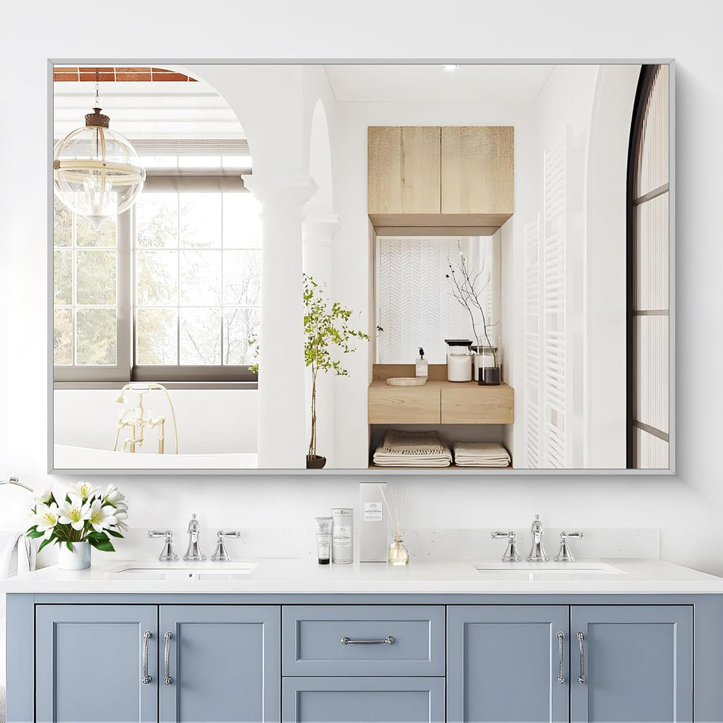 40x60inch Silver Bathroom Mirror, Silver Rectangle Mirror with Frame, Large Rectangular Wall Mirrors for Bathroom, Living Room, Hair Salon, Big Farmhouse Mirror Hang Horizontal/Vertical