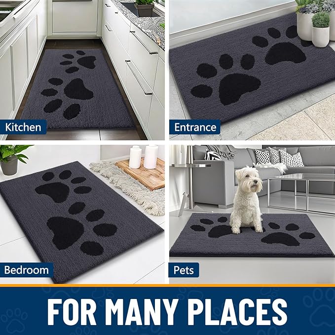 Smiry Dog Door Mat for Muddy Paws, Absorbs Moisture and Dirt, Low-Profile Entryway Mat with Non-Slip Backing, Entry Indoor Outdoor Doormat for Inside Floor (71x47 Inches, Black, Paw)