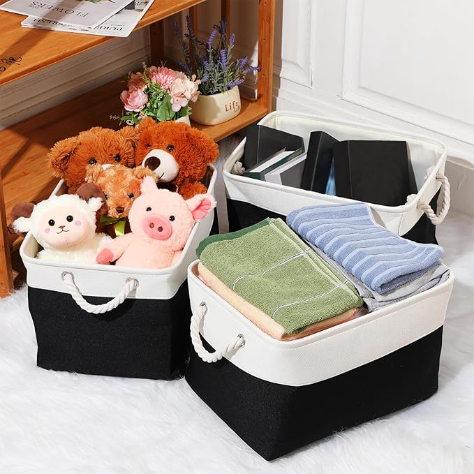 meekoo 8 Pack Collapsible Storage Bins Fabric Storage Bins Polyester Fabric Baskets with Handles Linen Closet Organizer for Shelf Home Closet Towels Toys(15 x 11 x 9.5 in,Black White)