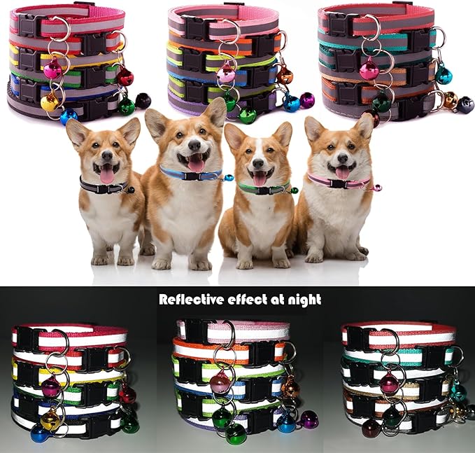 18Pcs Reflective Puppy Collars, Cat ID Collars with Bell Adjustable 19-32cm, Soft Nylon Adjustable Quick Release Identification Collars for Puppy Cat(Unbreakaway)