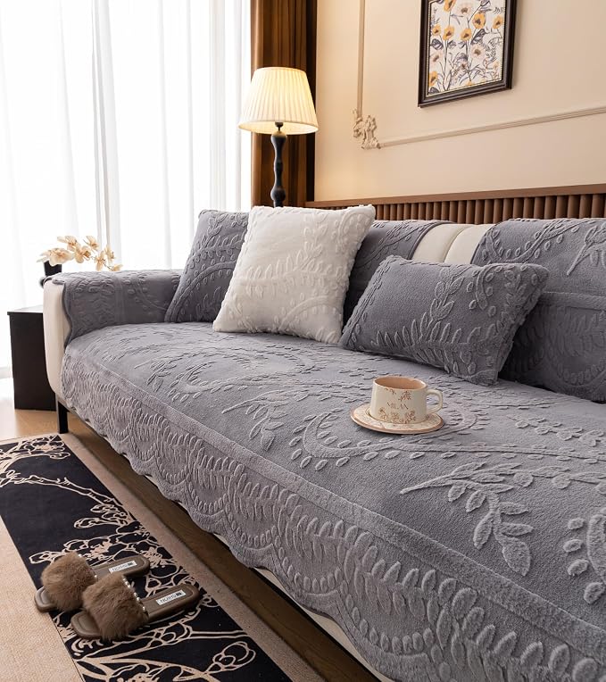 Grey Fuzzy Rabbit Plush Sofa Cover Cozy Warm Sofa Couch Covers with 3D Jacquard Leaf Pattern Non-Slip Easy-to-Install Shaggy Sofa Slipcover Prefect for Kids Dogs Cats Cats(Grey,36"x47")
