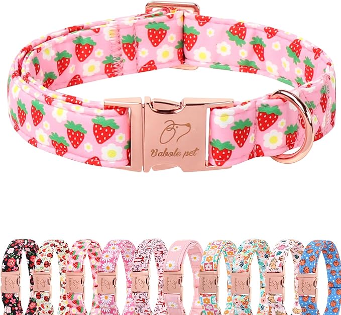 Strawberry Dog Collar for Giant Large Dogs - Adjustable Spring Summer Pink Girl Dog Collars, Cute Girly Female Pet Collar with Metal Buckle XL