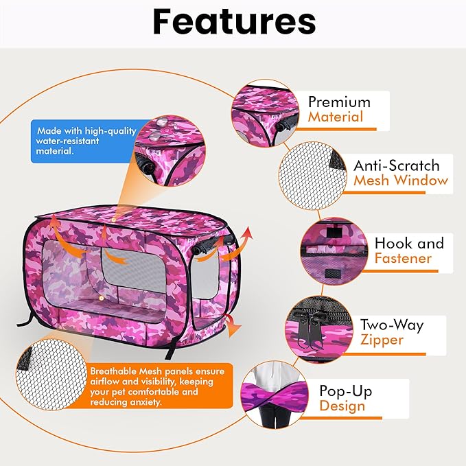 Beatrice Home Fashions Portable, Collapsible, Pop Up Kennel Travel Cat and Dog Crate, 40" L x 27" W x 27" H, Camo Pink
