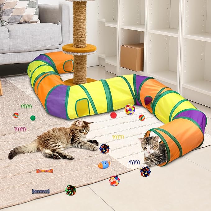 Retro Shaw Cat Toys with Cat Tunnels, Interactive Kitten Toys for Indoor Cats Kitty, Cat Tube Tent Feather Wand Teaser Bell Fuzzy Ball Springs Mouse (25 Pcs Extra Large Cats Tunnel Set)