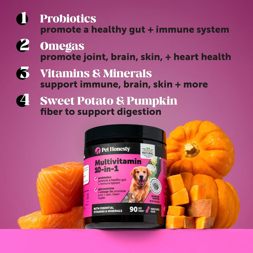 Multivitamin Dog Supplement, Glucosamine chondroitin for Dogs, Probiotics, Omega Fish Oil, Dog Supplements & Vitamins, Vitamins for Skin and Coat Allergies, (Peanut Butter 90 ct)
