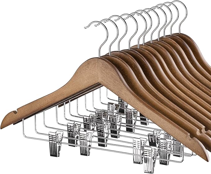 HOUSE DAY Wooden Hangers with Clips 12 Pack, Heavy Duty Walnut Wood Pants Hanger, Premium Skirt Hanger with Adjustable Clips, Solid Clip Hangers for Suit, Blouse, Dress, Coat, Jacket, Bottom