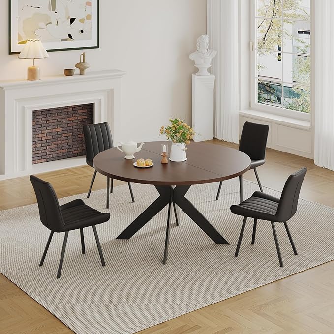 Walnut Round Dining Table Set for 4, Mid-Century Modern Kitchen Table and Chairs, Small Space Dining Room Furniture for Apartment, Breakfast Nook or Studio (Walnut wood-1 Table + 4 Black Chairs)
