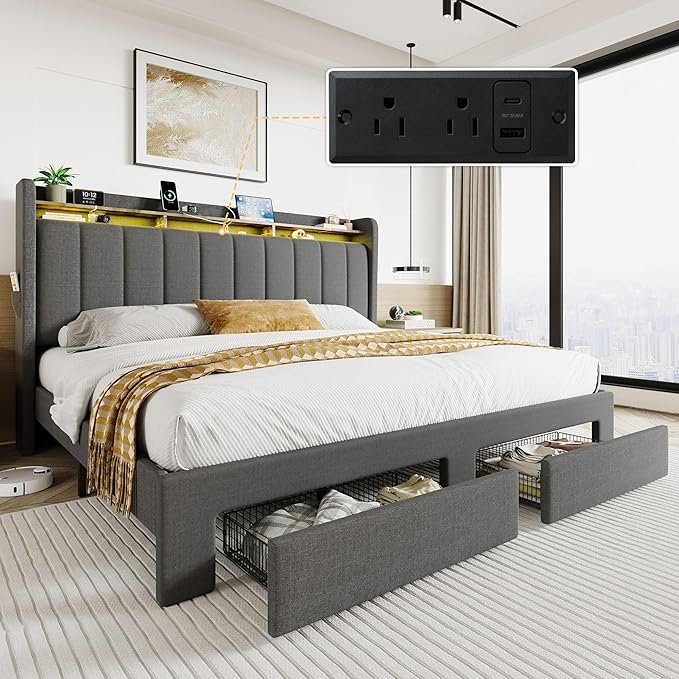 SHA CERLIN King Size Platform Bed Frame with Vertical Channel Tufted Wingback Headboard & 2 Storage Drawers/2-Tier Shelves with LED Lights & Charging Station/Noise-Free/No Box Spring Needed/Dark Grey