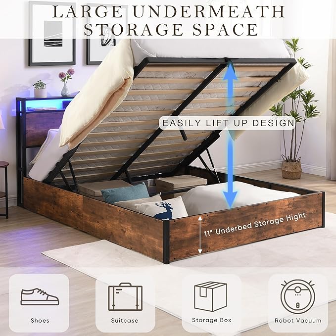KEIKI Full Lift up Storage Bed Frame with Bookcase Headboard & Charging Station & LED Lights, Wooden Platform Bed Frame, No Spring Box Needed, Rustic Brown