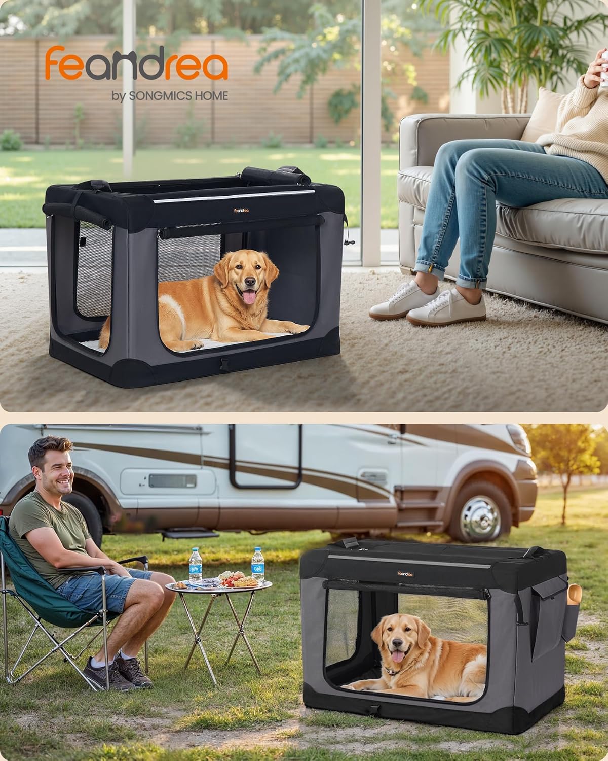 Feandrea Collapsible Dog Crate, 36-Inch Portable Dog Travel Crate for Large Dogs, Oxford Fabric Pet Carrier with 4 Mesh Doors, Handles, Storage Pocket, Water Bottle Holder, Ink Black UPDC019B01