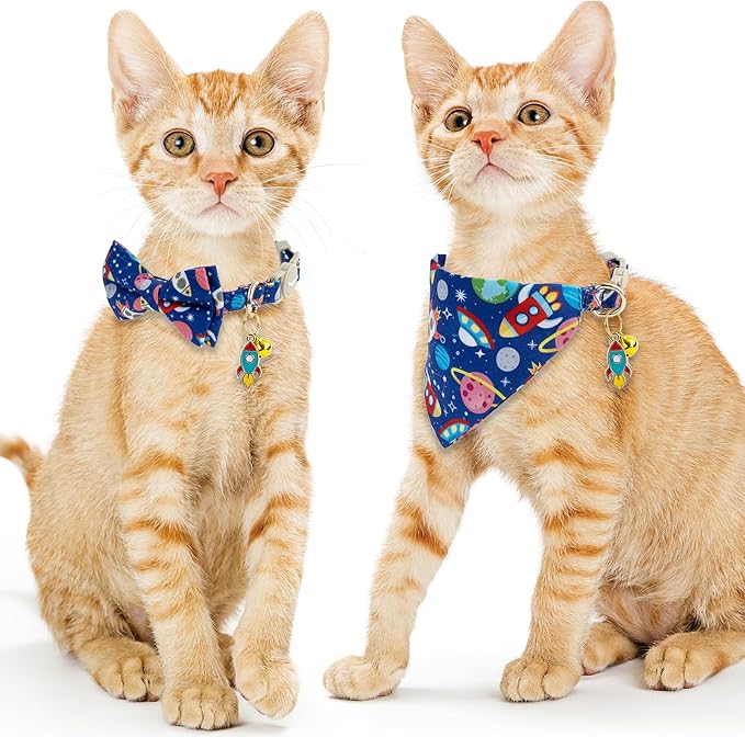 Faygarsle 2 Pack Space Theme Cat Collar Set with Bandana and Bow Tie, Breakaway Safety Buckle, Navy Blue with Rockets