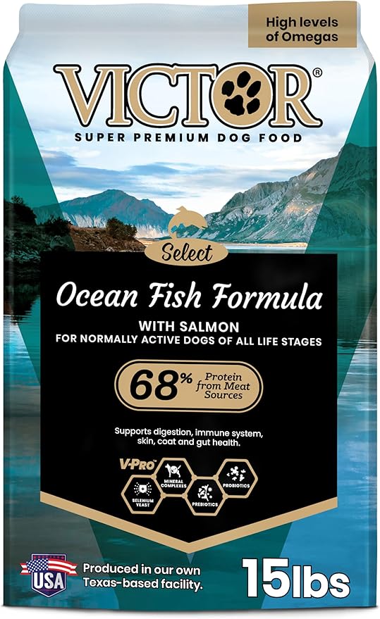 VICTOR Super Premium Dog Food – Select Ocean Fish Formula with Salmon – Omega-3 and Omega-6 Enriched Gluten-Free Dry Kibble for All Normally Active Dogs of All Life Stages, 15lbs