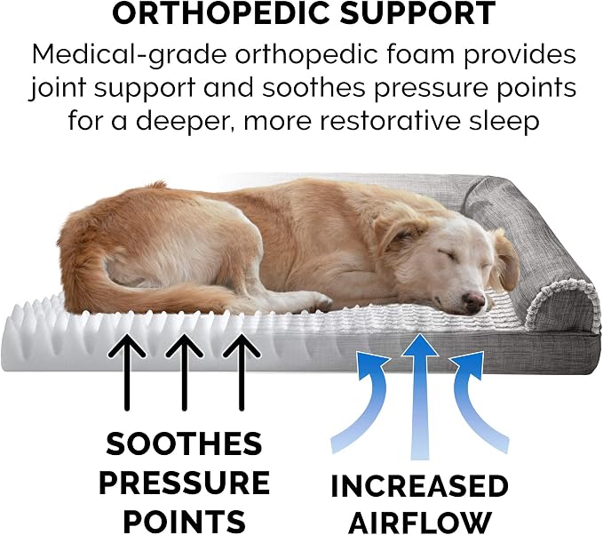 Furhaven Orthopedic Dog Bed for Medium/Small Dogs w/ Removable Bolsters & Washable Cover, For Dogs Up to 35 lbs - Luxe Faux Fur & Performance Linen Sofa - Charcoal, Medium