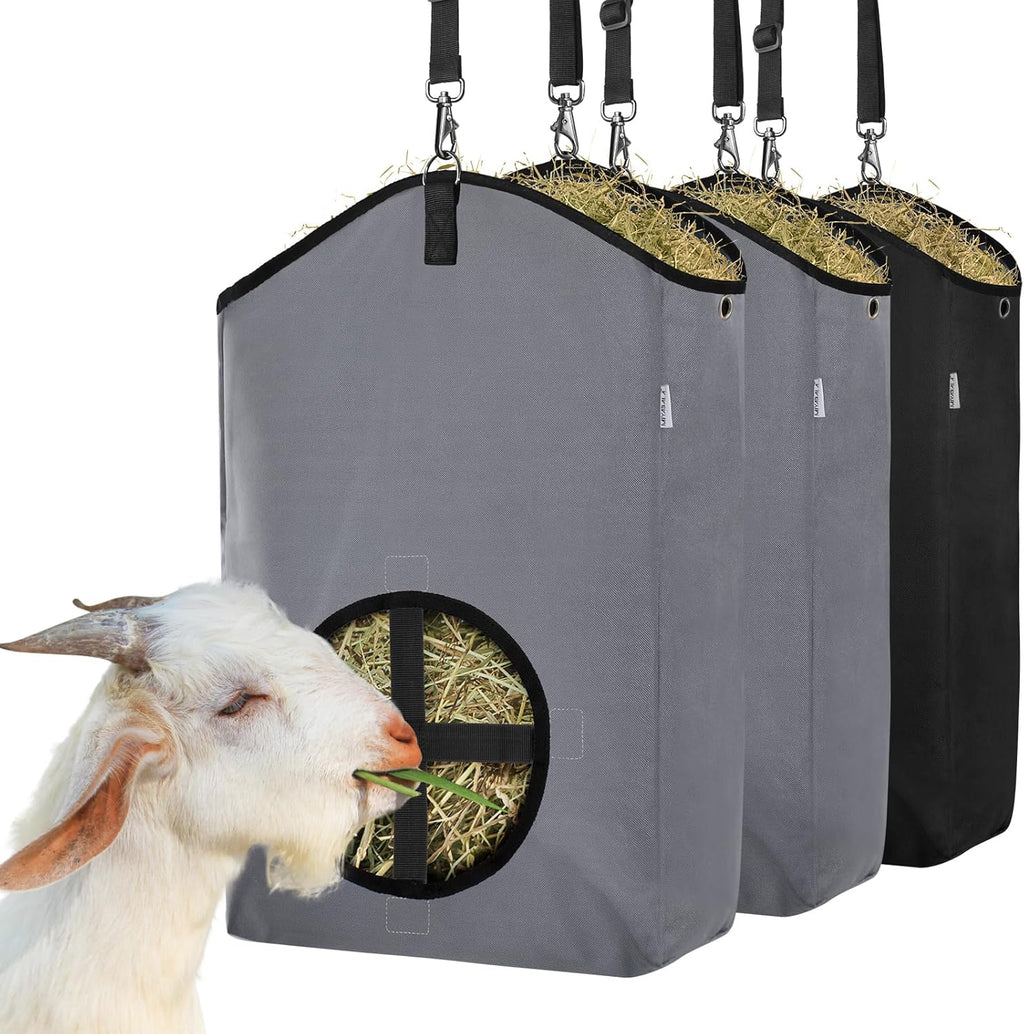 3 Packs Goat Hay Feeder,Hay Bags for Goats,Horses,Sheep,Premium 600D Oxford Cloth,with Metal Fastener and Adjustable Open Feed Hole for Slow Feeding. (1 Black+2Grey)