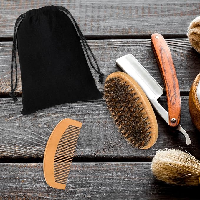 10 Sets Grooming Kit for Men - Natural Boar Bristle Brush, Pear Wood Dual-Sided Wide Tooth Comb, and Travel Pouch (Oval Shape) for Beard Care