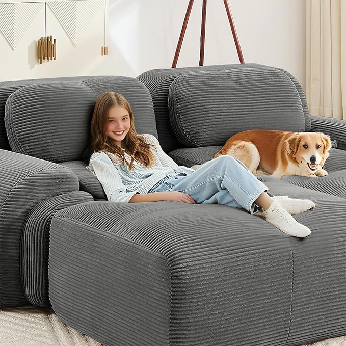 152" Modern Corduroy Cloud Sofa, Boneless Modular Large Sectional Couches for Living Room, Gray 4 Seater Compressed Memory Foam Couch, Extra Deep Seat, No Assembly