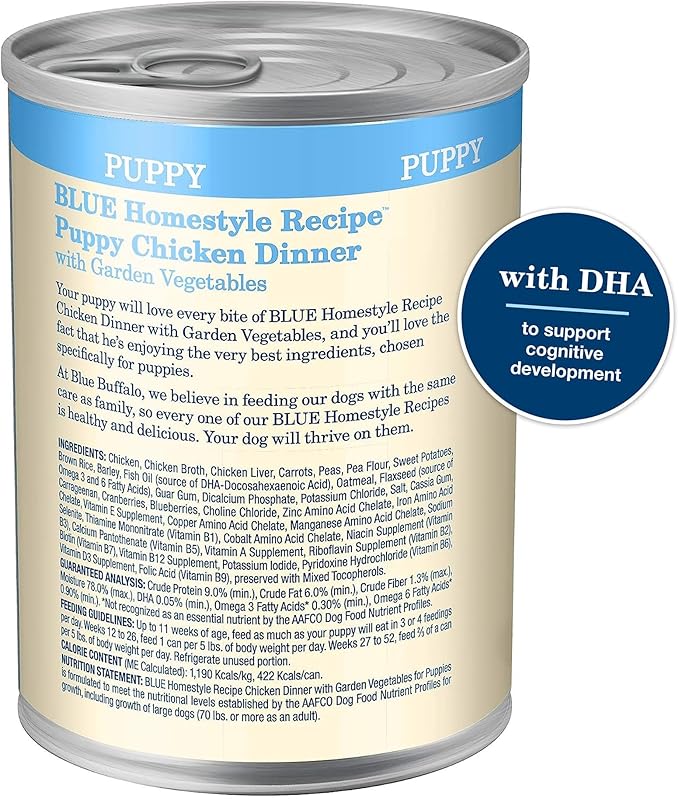 Blue Buffalo Homestyle Recipe Puppy Wet Dog Food, Made with Natural Ingredients, Chicken Dinner with Garden Vegetables & Brown Rice, 12.5-oz Cans (12 Count)