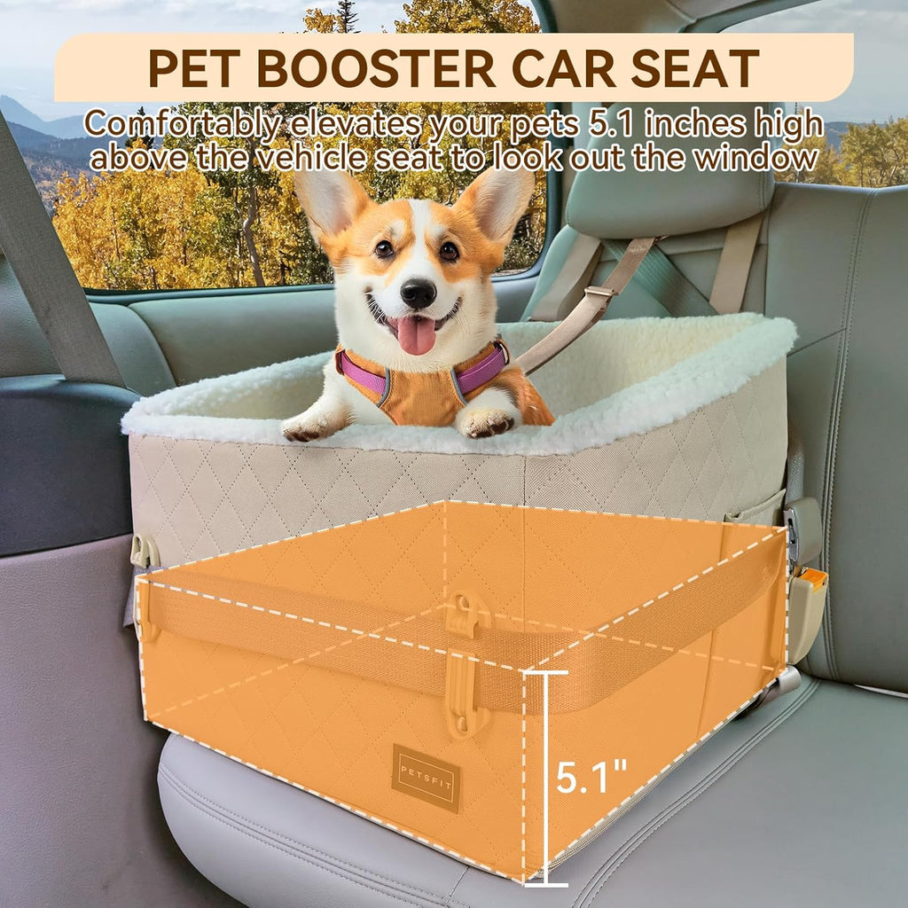 PETSFIT Small Dog Booster Car Seat, Soft Foam Puppy Carseat with Patented Safety Buckles, Storage Pockets and Detachable Clip-On Safety Leash, Dog Car Booster Seat for Medium Pet Under 30 LBS (Khaki)
