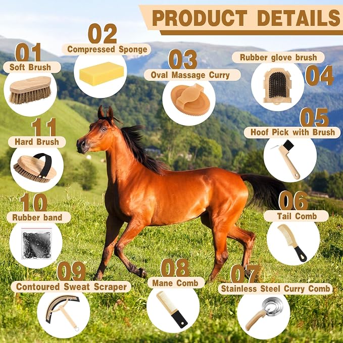 Abbylike 12 Pieces Horse Grooming Kit Racing Festival Tack Room Supplies Horse Brush Sets Equine Care Cleaning Kit Shedding Grooming Massaging Tools(Khaki)
