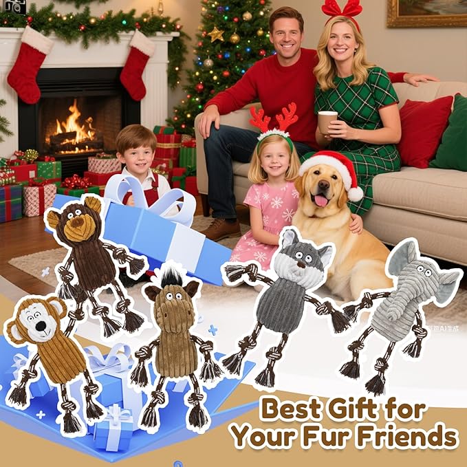 5 Pack Large Dog Squeaky Toys,Tough Stuffed Plush Dog chew Toys Assortment,Durable Plush Animal Dog Toys with Tug of War Rope to Keep Them Busy, Puppy Toys Value Bundle for Small Medium Large Dogs