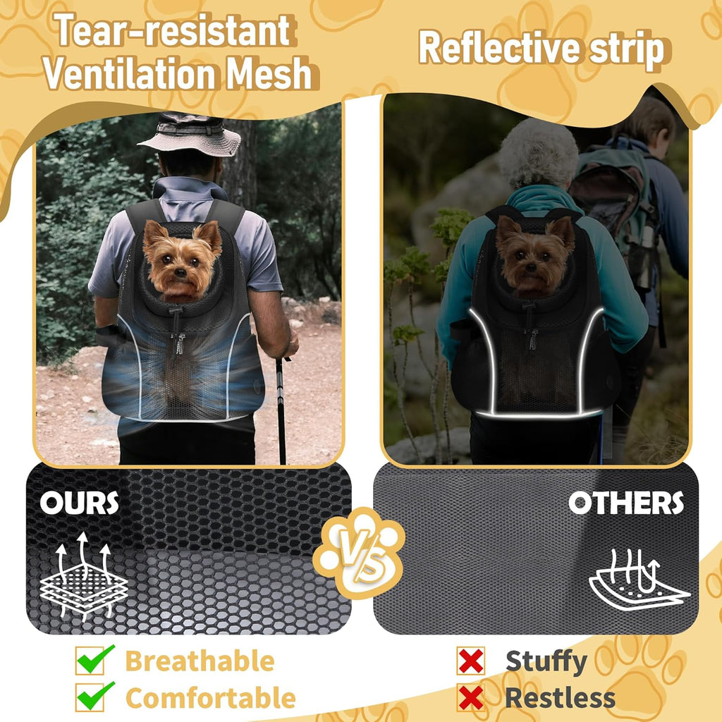 WOYYHO Pet Dog Carrier Backpack Small Dog Front Backpack Ventilated Mesh Dog Travel Back Pack with Safety Belt for Travel Hiking Cycling Outdoor Adventures (Size M: 5-9 lbs, Black)