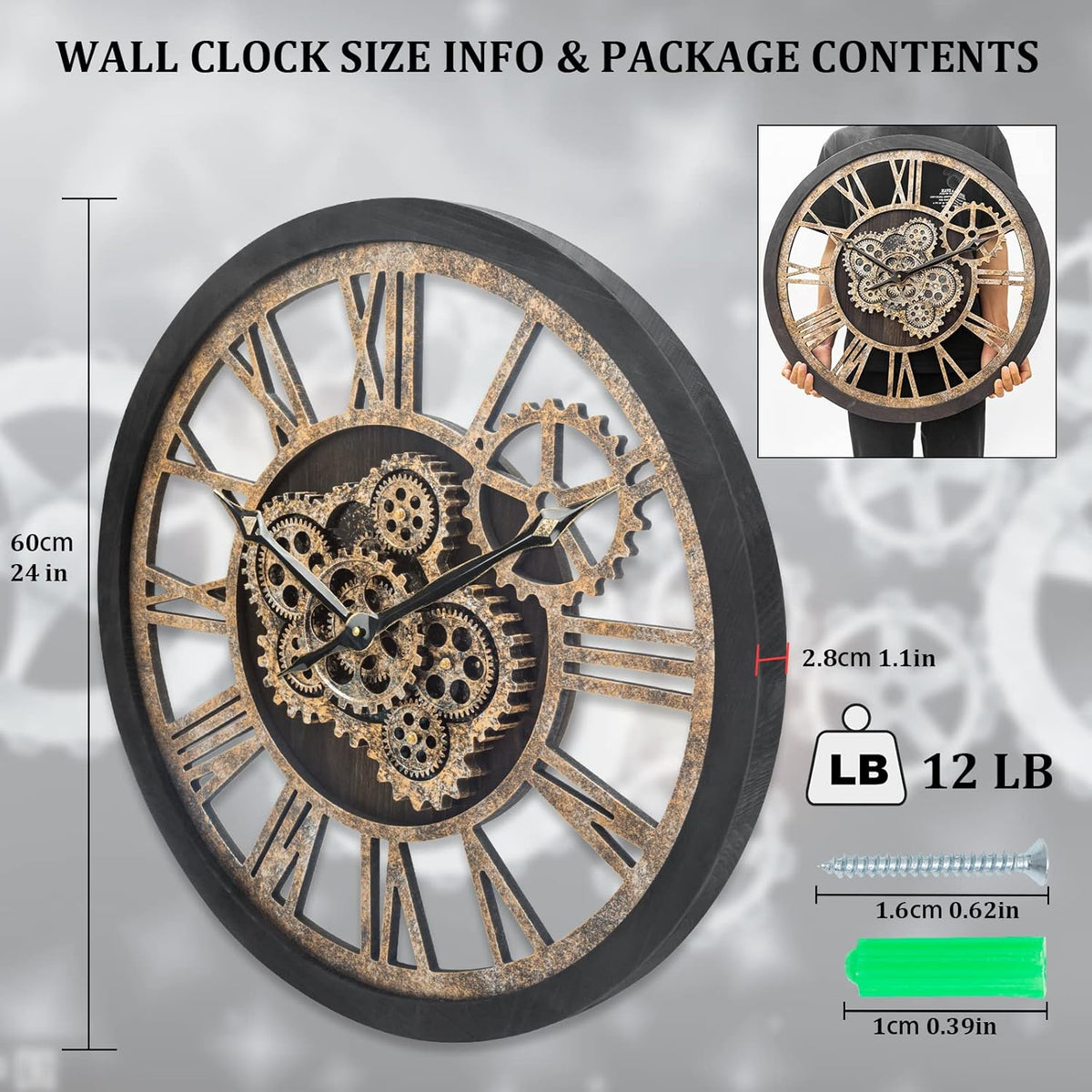 HOIBAI Large Wall Clock, 24 Inch Wall Clocks for Living Room Decor Farmhouse Vintage Rustic Kitchen Wall Decor Vintage Roman Big Oversized Wall Clock for Home Bedroom House Office, Moving Gears Clock