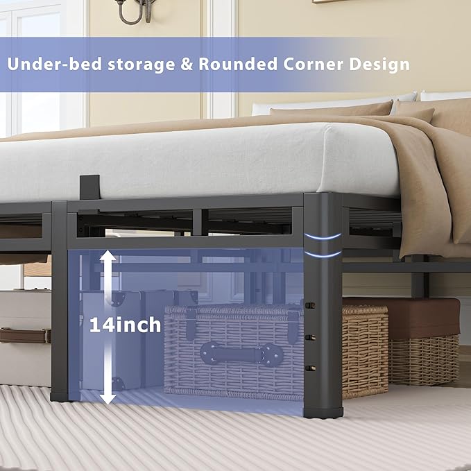 NKZ 18 Inch Queen Size Bed Frame, Metal Bed Frame & Box Spring 2 in 1 Platform with Round Corner Legs, 4000Lbs Heavy Duty Metal Frame, Mattress Slide Stopper, Headboard Hole, Noise-Free, Easy Assembly