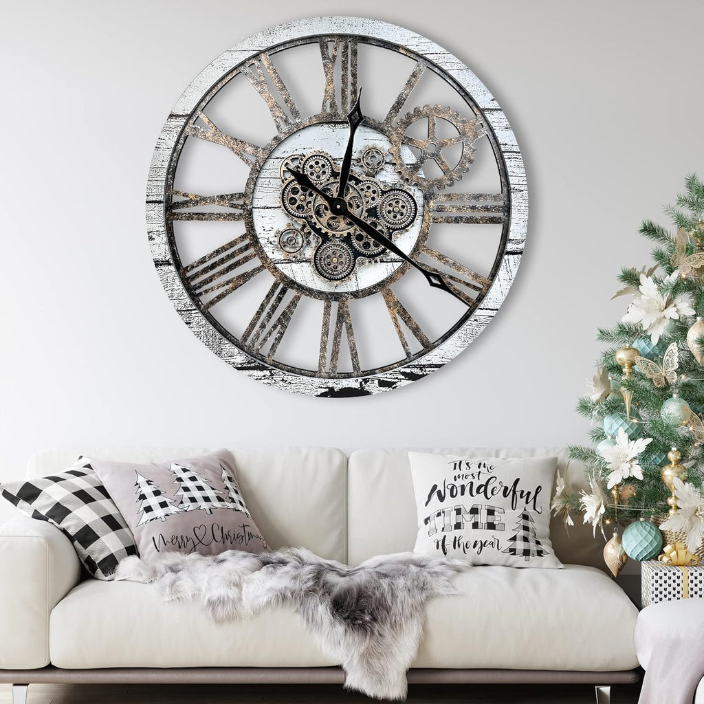 The B-Style Large Real Moving Gears Wall Clock 30 inch Rustic Retro Industrial Farmhouse Wood Clock Oversized Decorative Vintage Wall Clocks for Living Room (Silver Gray)
