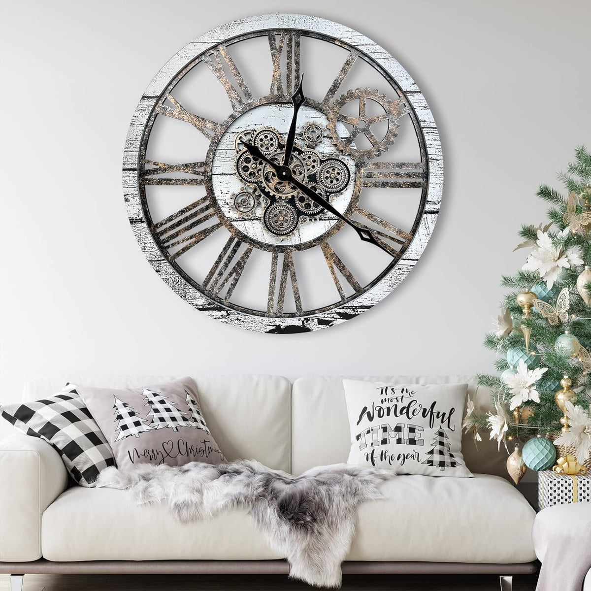 The B-Style Large Real Moving Gears Wall Clock 30 inch Rustic Retro Industrial Farmhouse Wood Clock Oversized Decorative Vintage Wall Clocks for Living Room (Silver Gray)